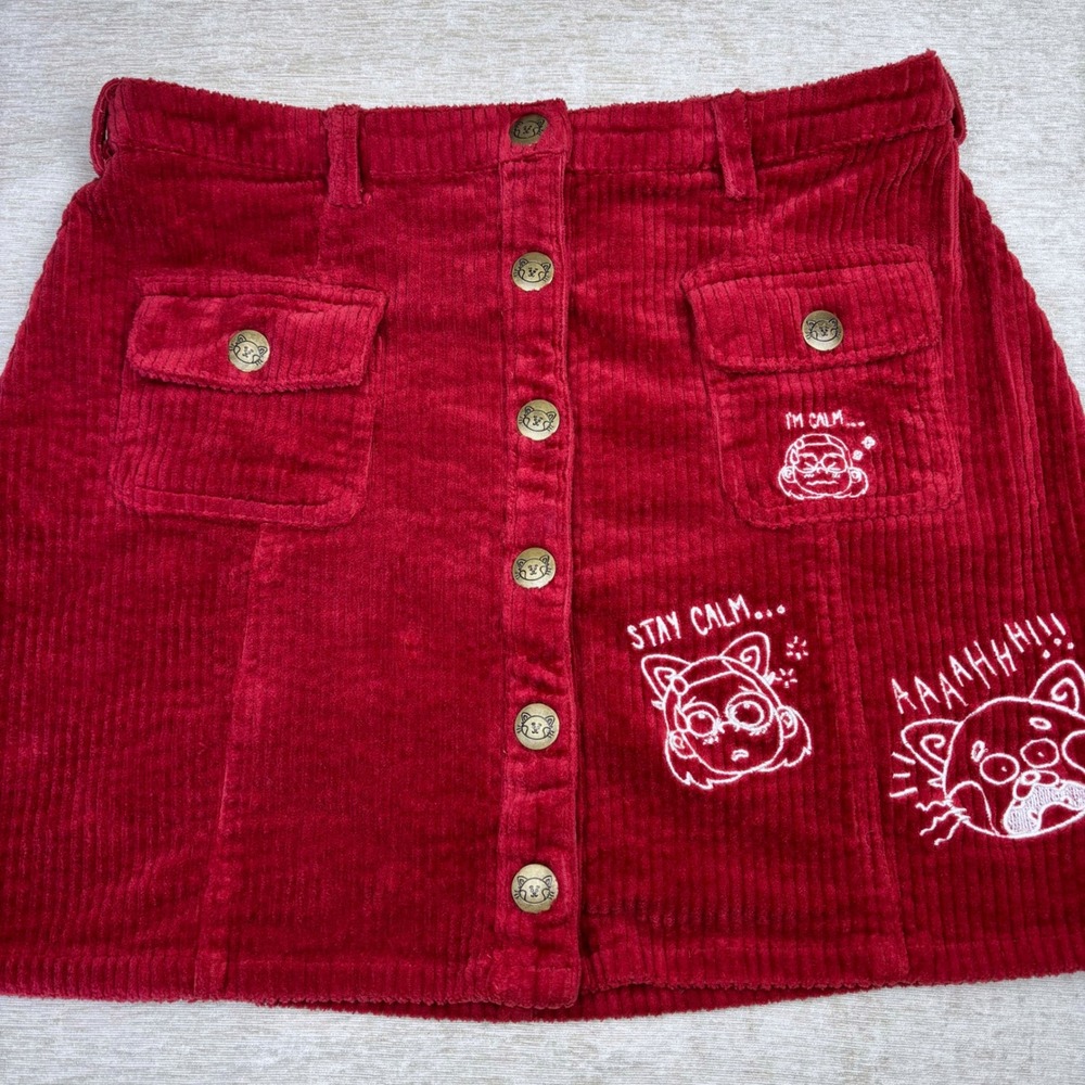 Disney Pixar Turning Red Corduroy Skirt Embroidered Pockets Stay Calm Panda Sz M